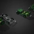 Two Green Vintage Open Top Jeeps With Headlights And Wheels