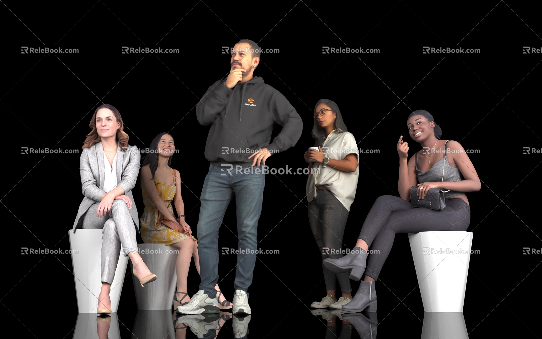 Multi-character woman sitting posture chat dialogue scene model standing passers-by walking suit Erlang legs atmosphere foreigners 3d model