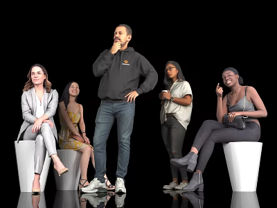 Group of People Standing and Sitting on White Seats Against Black Background 3d model