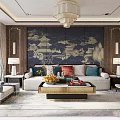 Modern Dining Living Room With Wooden Walls And Marble Pedestal Sculpture