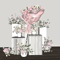 Pink Flowers In Vase Decorative Arrangement With White Striped Wall And Wooden Floor