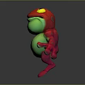 A 3D Red And Green Cartoon Frog With Yellow Eyes Standing Arms Outstretched