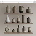 Decorative Ceramic Vessels On Tiered Wooden Shelves With Neutral Tones And Shapes