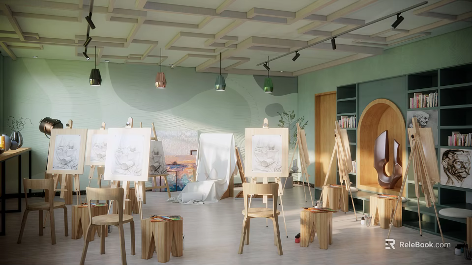 Spacious Book Art Studio With Easels Drawings Bookshelves Wooden Chairs Stools Hanging Lights Green Walls 3d model 