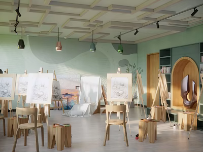 Spacious Book Art Studio With Easels Drawings Bookshelves Wooden Chairs Stools Hanging Lights Green Walls 3d model