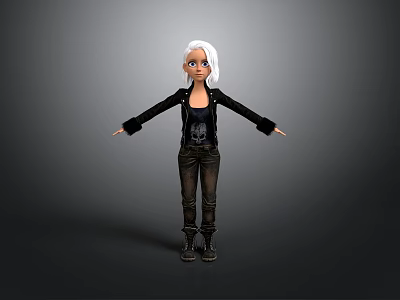 Woman With White Short Hair Black Skull Top Brown Pants Black Boots In Gray Background 3d model
