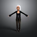 Woman With White Short Hair Black Skull Top Brown Pants Black Boots In Gray Background