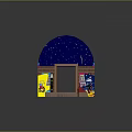 Arched Blue Starry Tent with Brick Walls Colorful Polka Dot Floor and Arcade Machines