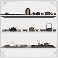Elegant Tea Set Collection on Multiple Shelves with Ceramic Teapots and Cups