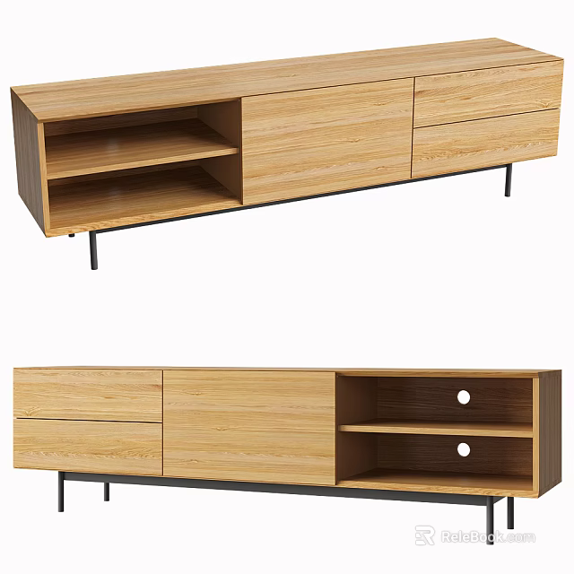 Modern Minimalist Wooden TV Stand With Drawers Open Shelves And Metal Legs 3d model 