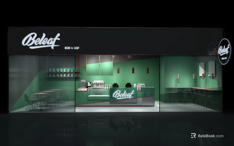 Modern Beleaf Cafe Interior With Green Walls Bar Counter And Tables 3d model 