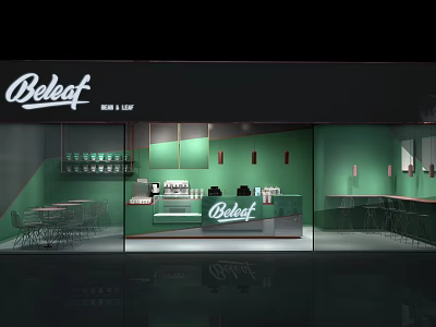 Modern Beleaf Cafe Interior With Green Walls Bar Counter And Tables 3d model