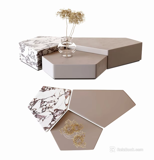 Modern Hexagonal Coffee Table With Marble Texture And Layered Neutral Design 3d model
