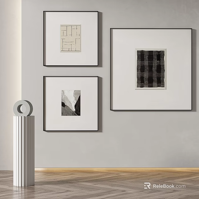 Three Abstract Paintings Hanging On Modern Gray Wall With Decorative Column 3d model