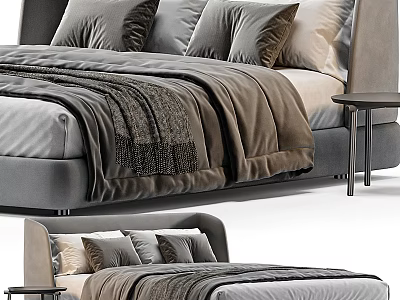 Modern Double Bed Interior With Soft Headboard Decorative Pillows Cozy Blanket And Side Nightstand 3d model