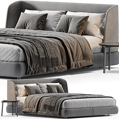 Modern Double Bed Interior With Soft Headboard Decorative Pillows Cozy Blanket And Side Nightstand 3d model