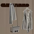 Wooden Coat Rack With Hanging Scarf Bag And White Dress On Wall