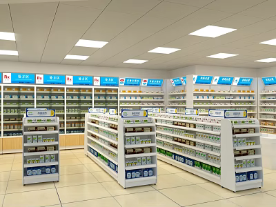 Bright Pharmacy Store Interior With Shelves Full Of Medicines And Products 3d model