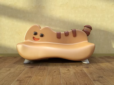 Cute Cat Shaped Public Chair With Smiling Face Striped Tail On Wooden Floor Yellow Wall 3d model