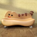 Cute Cat Shaped Public Chair With Smiling Face Striped Tail On Wooden Floor Yellow Wall