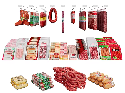 Assorted Meat Products Display With Sausages Ham Bacon And Packaged Items 3d model