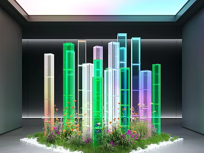 Indoor Landscape With Colorful Glass Columns Green Plants Flowers And Top Lighting 3d model