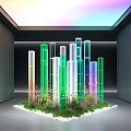 Indoor Landscape With Colorful Glass Columns Green Plants Flowers And Top Lighting