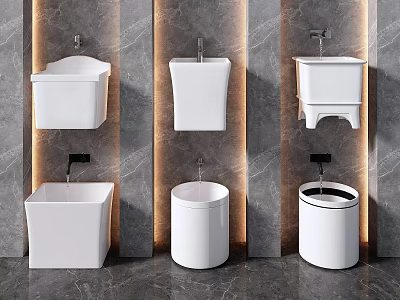 Modern White Toilets With Various Designs Display On Gray Marble Wall Background 3d model