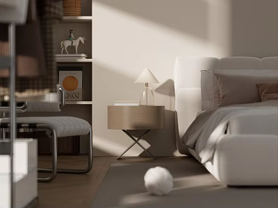 Modern Bedroom Interior With White Bed Wooden Nightstand Table Lamp Bookshelf And Natural Light 3d model