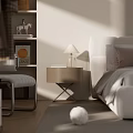 Modern Bedroom Interior With White Bed Wooden Nightstand Table Lamp Bookshelf And Natural Light