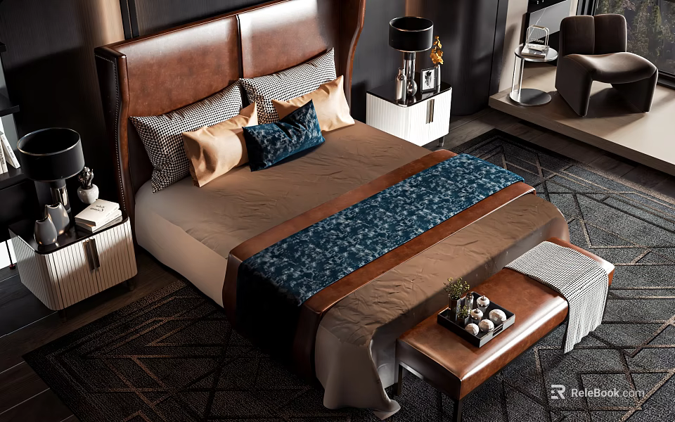 Elegant Modern Double Bed With Brown Leather Headboard Multiple Pillows And Blue Bed Runner 3d model 