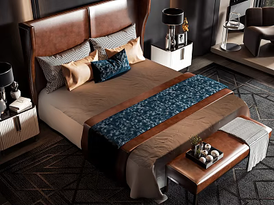 Elegant Modern Double Bed With Brown Leather Headboard Multiple Pillows And Blue Bed Runner 3d model