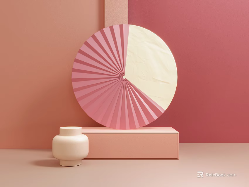 Circular Decor Piece With Pink Fan Cream Sections On Pink Platform Small White Jar 3d model 