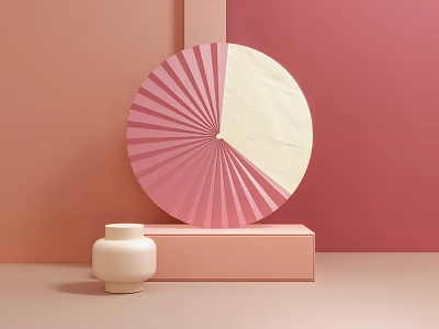 Circular Decor Piece With Pink Fan Cream Sections On Pink Platform Small White Jar 3d model
