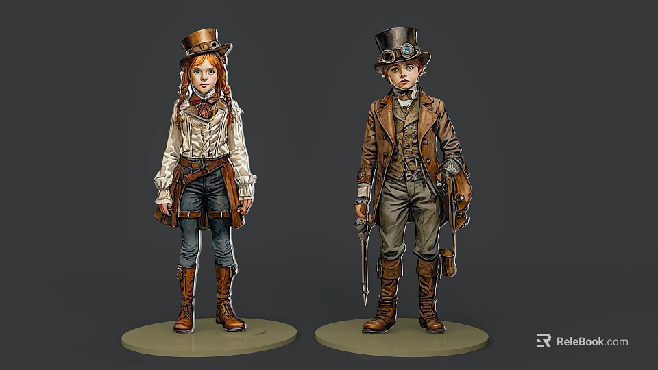 Steampunk Game and Movie Characters with Top Hats Goggles Brown Coats and Boots 3d model 