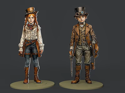 Steampunk Game and Movie Characters with Top Hats Goggles Brown Coats and Boots 3d model