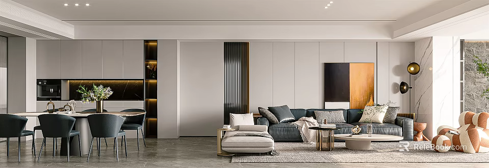 Elegant Modern Living Dining Room Interior With Leather Sofa Coffee Table And Dining Chairs 3d model