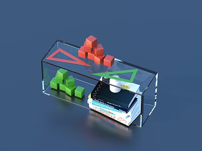 Transparent Box With Red Green Blocks Stacked Books And Small White Object 3d model