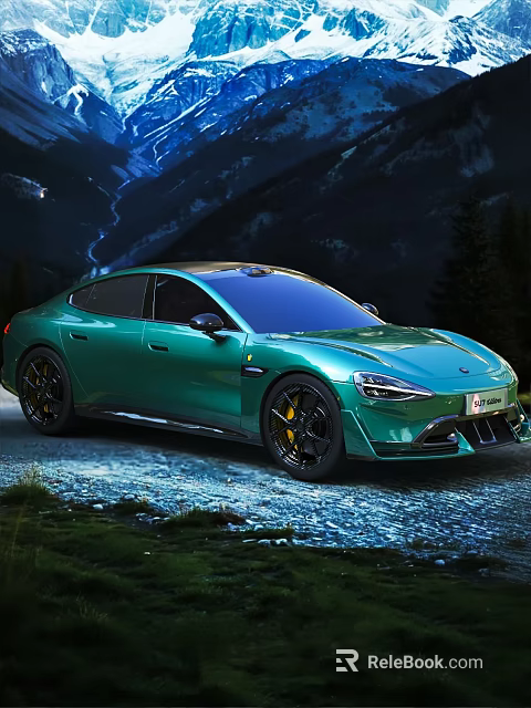 Sleek Emerald Green Electric Sports Car On Gravel Road Mountain Night Landscape Trees 3d model 