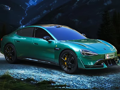 Sleek Emerald Green Electric Sports Car On Gravel Road Mountain Night Landscape Trees 3d model