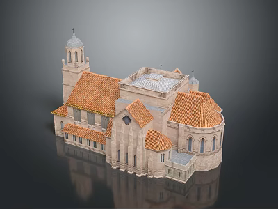 Historic Church Building With Red Tile Roof Tower Spire Light Stone Exterior and Arched Windows 3d model
