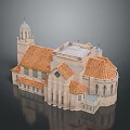 Historic Church Building With Red Tile Roof Tower Spire Light Stone Exterior and Arched Windows