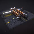 Futuristic Spaceship On Industrial Landing Pad With Metal Structures And Lights