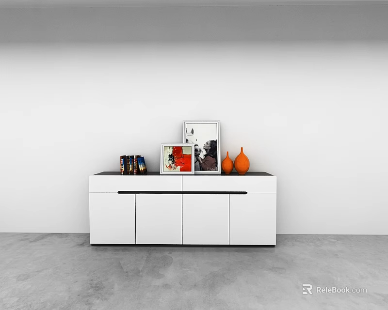 Modern White Entryway Side Cabinet with Framed Pictures Books and Orange Vases on Top 3d model 