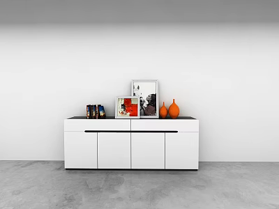 Modern White Entryway Side Cabinet with Framed Pictures Books and Orange Vases on Top 3d model