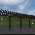 Wooden Pergola With Latticed Roof And Columns In Paved Plaza With Green Trees