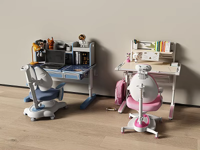 Blue And Pink Kids Study Desks With Chairs Stationery Books And Laptop 3d model