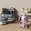 Blue And Pink Kids Study Desks With Chairs Stationery Books And Laptop