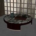 Round Marble Top Coffee Table With Green Teapot Tray And Grid Patterned Wall 3d model