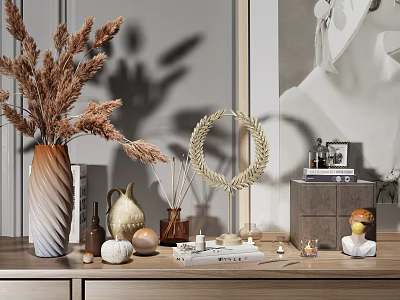 Stylish Decorative Ornament Set With Pampas Grass Vase Woven Wreath Ceramic Jug And Wooden Tabletop 3d model